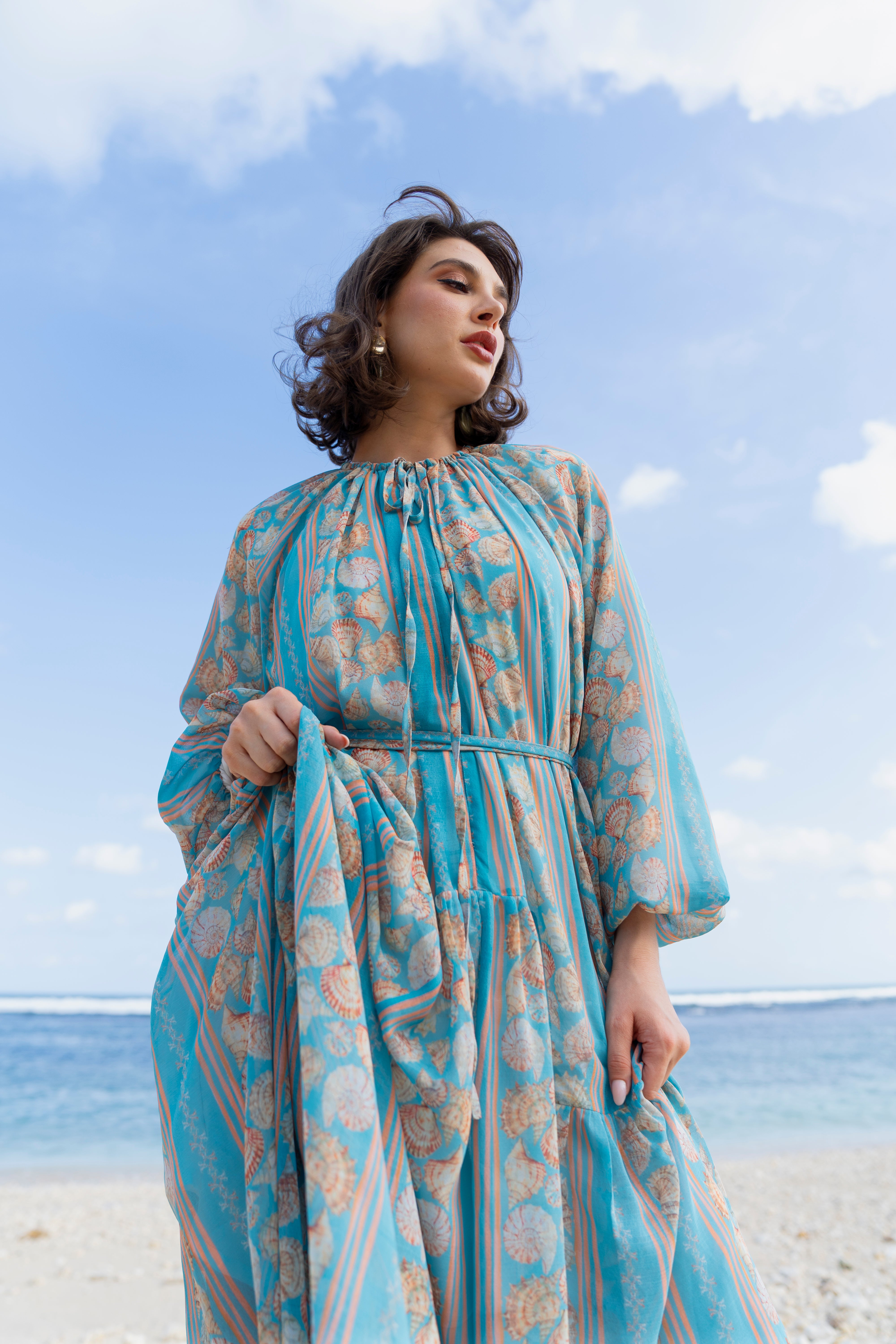 By the Sea Shore - Ruffled Dress (Turquoise Coral)